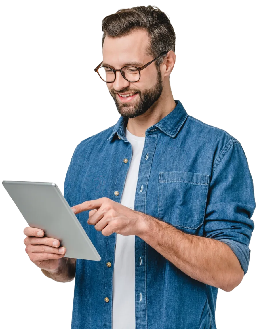 a man holding a tablet